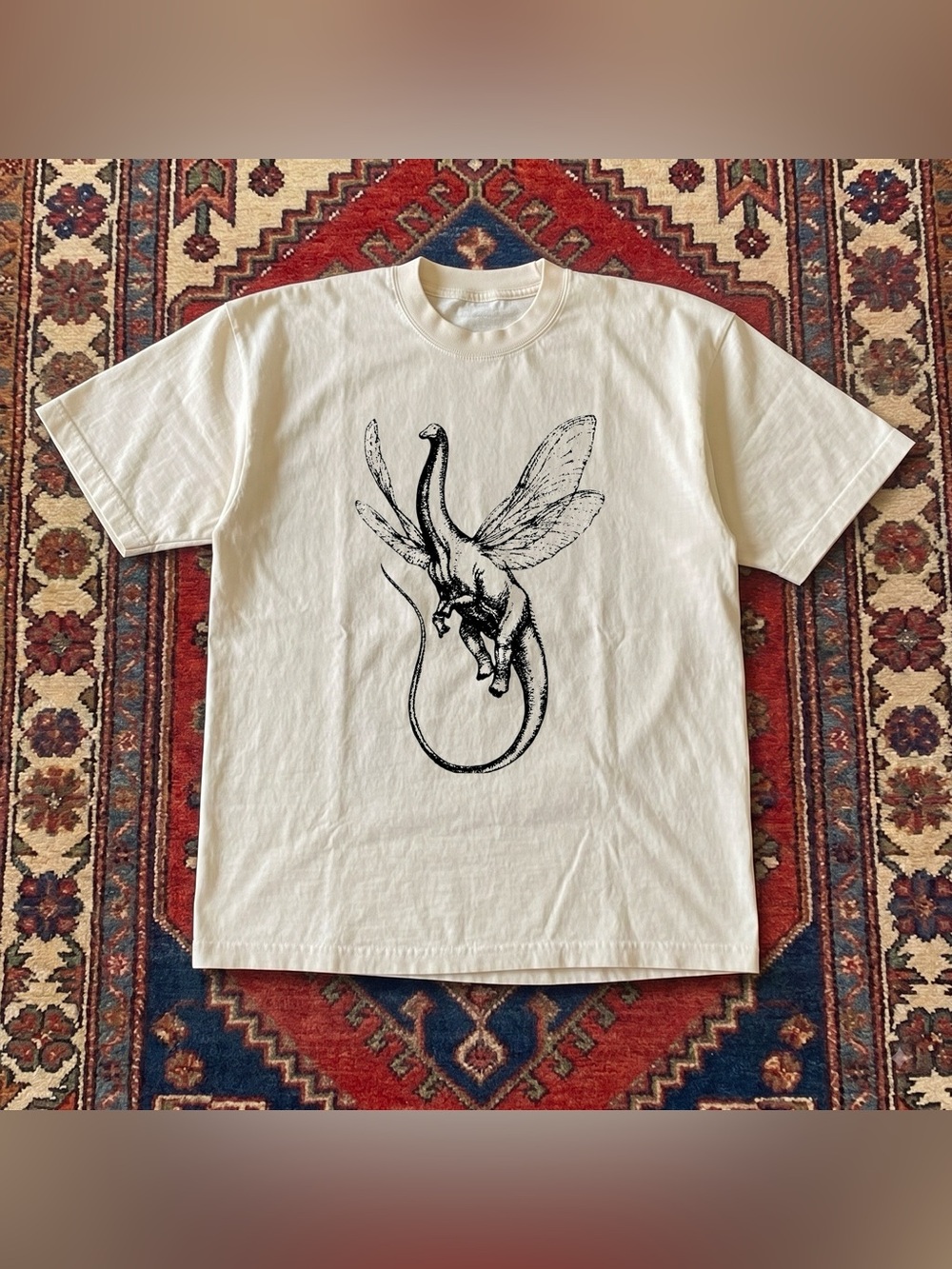 Gildan Cream Short Sleeve Tee with Black Flying Dinosaur Graphic